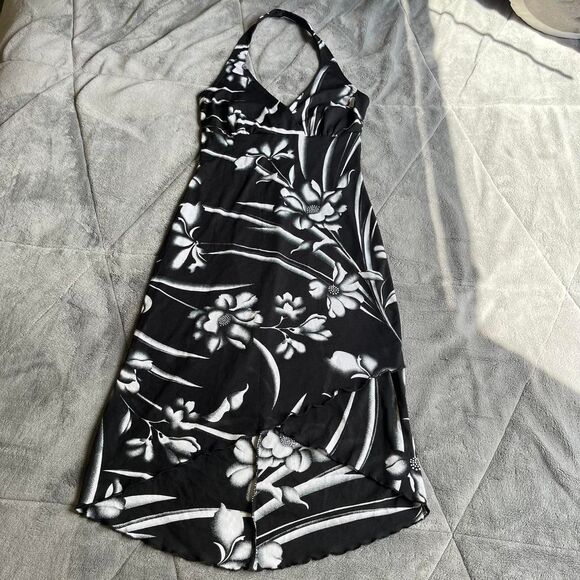 Vintage 90s fairycore Perseption black and white floral halter mini dress small - Picture 1 of 8